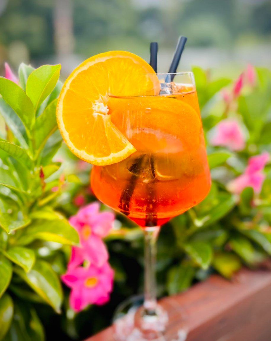 Pomarańczowy drink z plastrem pomarańczy w ogródku między kwiatami