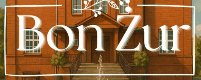 Logo Bon Żur, napis w ramce na tle rysunku kamienicy